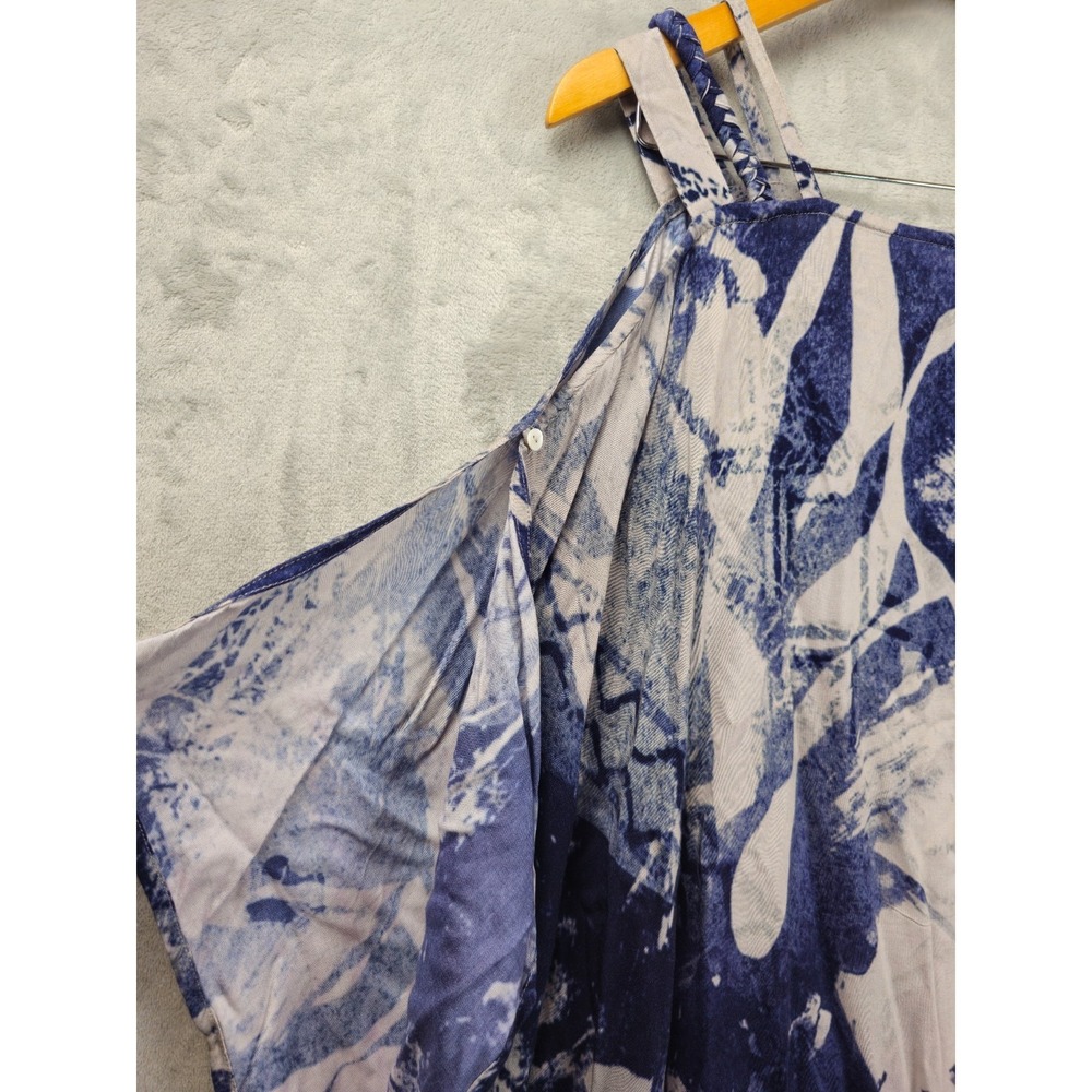 Soft Surroundings XL Tall Blue Caftan Maxi Dress Geometric Strappy Cold Shoulder - Picture 2 of 7